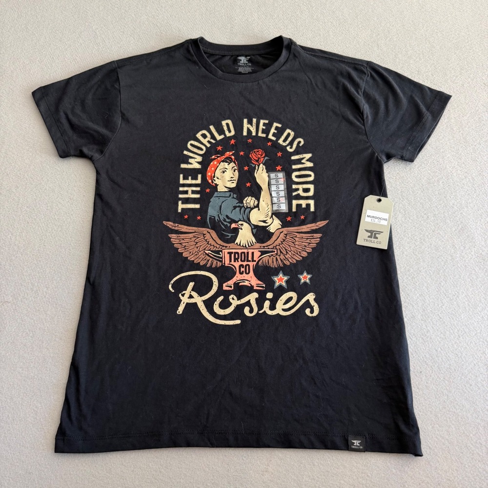 Troll Co World Needs More Rosies Graphic T-Shirt Mens Small Black Rosie Riveter